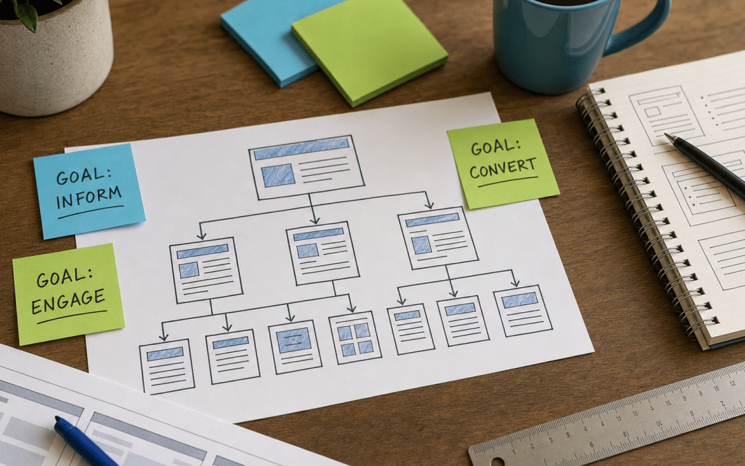 how to plan a business website — flat-lay planning workspace with sitemap sketches and notebook on a wooden desk