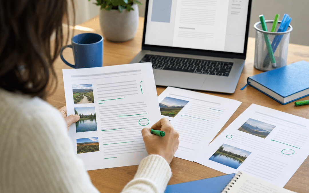 how to update old blog posts for seo — person reviewing and editing blog content drafts at a desk