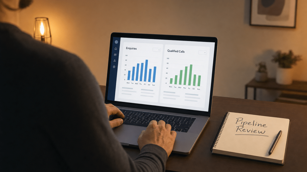 How we generate b2b leads — over-the-shoulder view of hands reviewing a lead pipeline analytics dashboard on a laptop