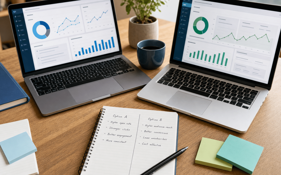 hubspot vs mailchimp comparison — two laptops showing email marketing and CRM dashboards on a desk