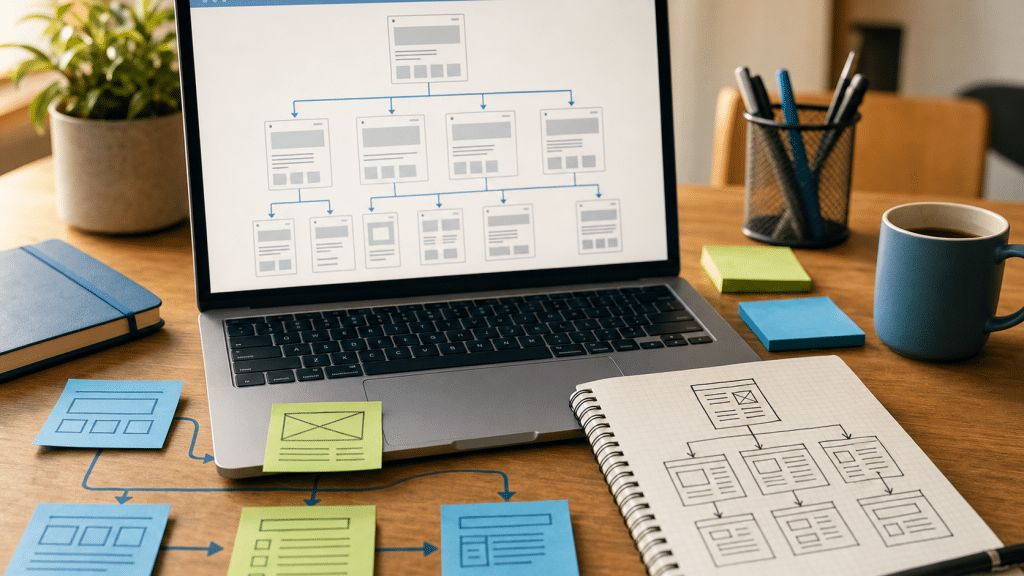 internal anchor text strategy diagram on laptop with site architecture notes on desk