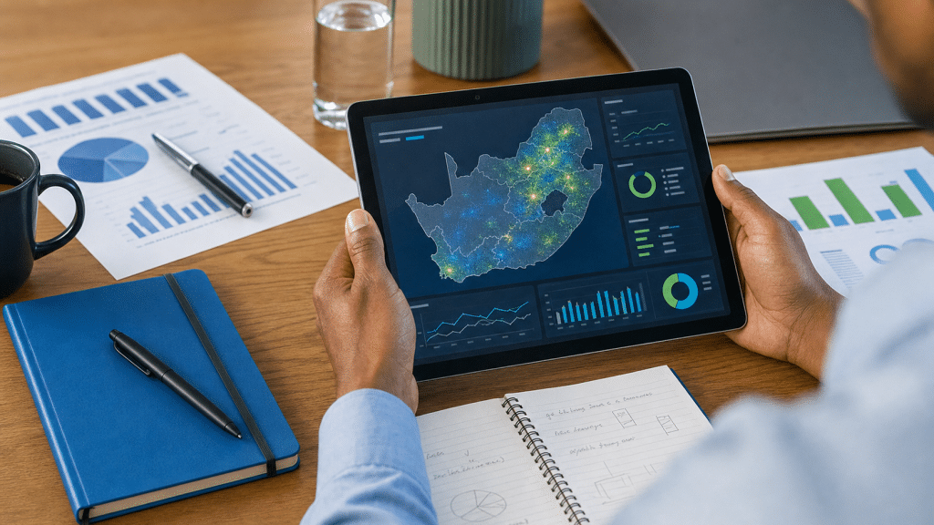 internet penetration south africa 2026 — analyst reviewing South African connectivity data dashboard on tablet