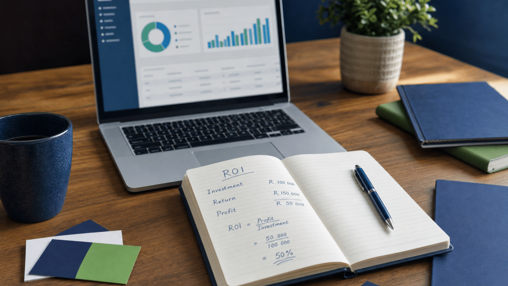 is seo worth it laptop and ROI calculations on a desk South Africa