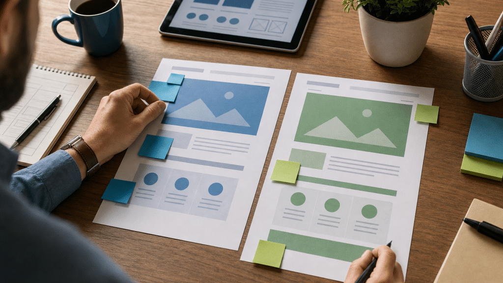 landing page ab testing process with two page variants reviewed side by side on a desk
