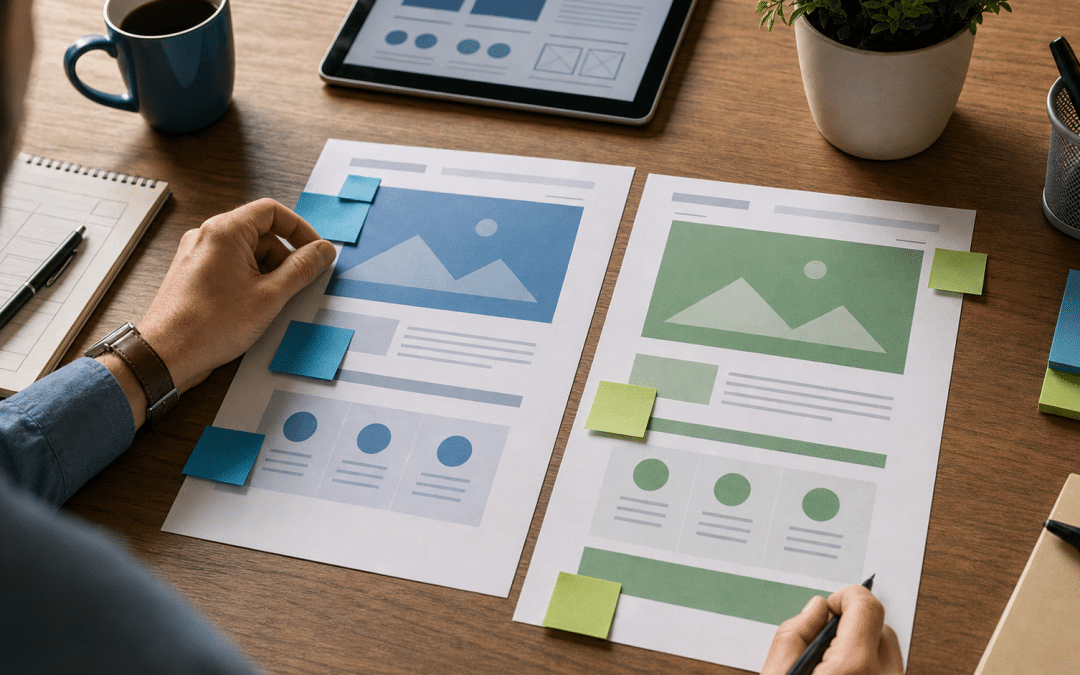 landing page ab testing process with two page variants reviewed side by side on a desk