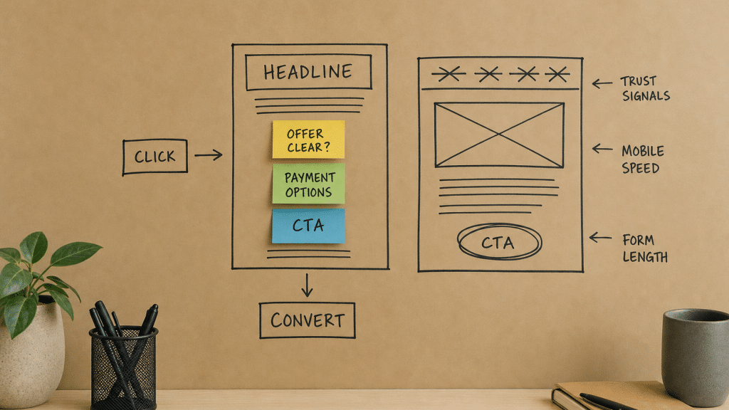 Landing page optimisation South Africa: hand-drawn kraft-paper wireframe showing CTA, trust signals, payment options and conversion flow