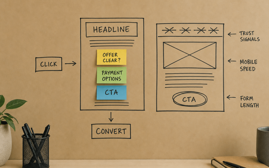 Landing page optimisation South Africa: hand-drawn kraft-paper wireframe showing CTA, trust signals, payment options and conversion flow