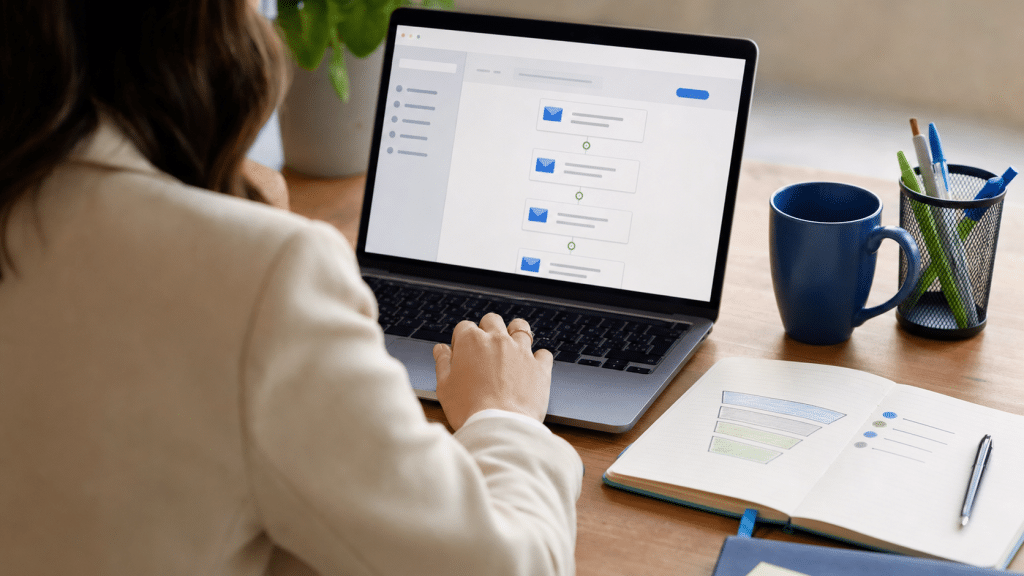 lead nurturing emails south africa — professional reviewing a multi-step email sequence on a laptop