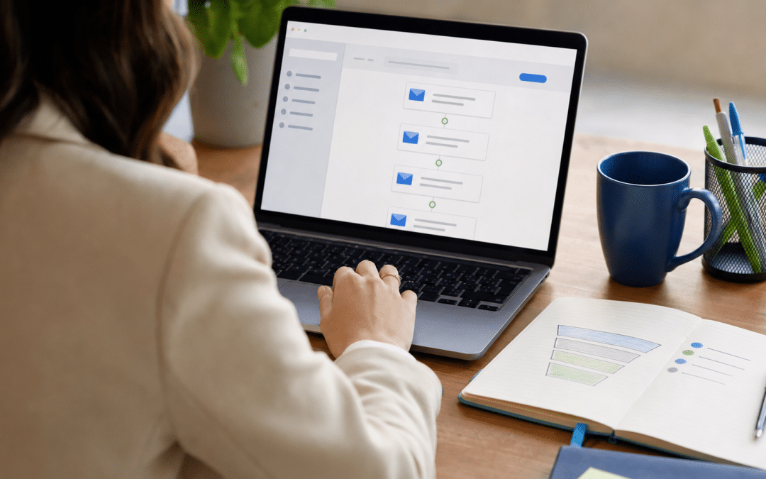 lead nurturing emails south africa — professional reviewing a multi-step email sequence on a laptop