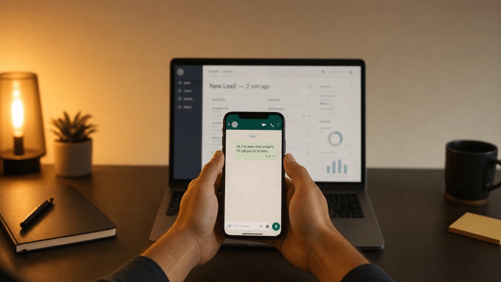 Lead response time — hands holding a phone with a quick WhatsApp business reply message displayed on screen