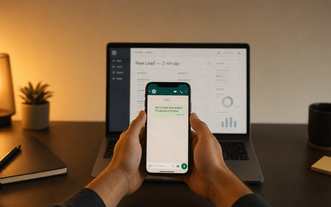Lead response time — hands holding a phone with a quick WhatsApp business reply message displayed on screen
