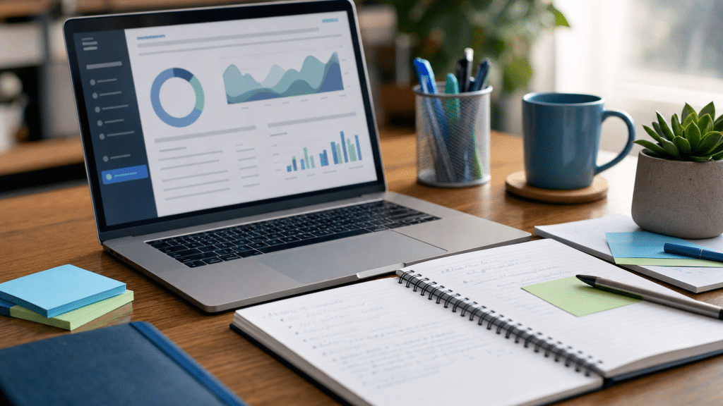 llm optimization strategy notes and laptop on a wooden desk with blue and green accents