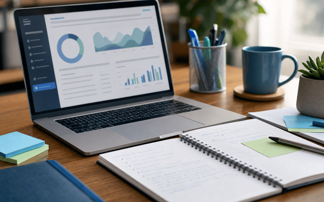 llm optimization strategy notes and laptop on a wooden desk with blue and green accents