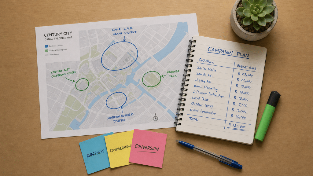 Marketing agency Century City overhead flat-lay showing a printed canal district map with green and blue annotations beside an open campaign planning notepad on a light wooden desk