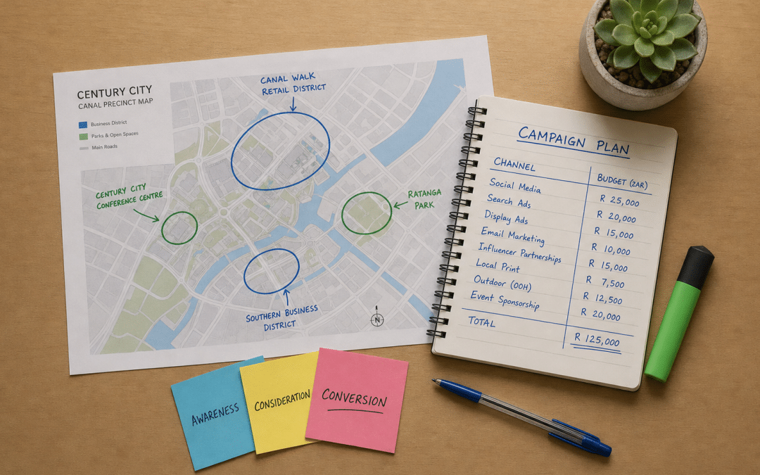 Marketing agency Century City overhead flat-lay showing a printed canal district map with green and blue annotations beside an open campaign planning notepad on a light wooden desk