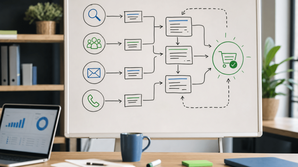 marketing attribution south africa whiteboard diagram showing customer touchpoints and conversion paths
