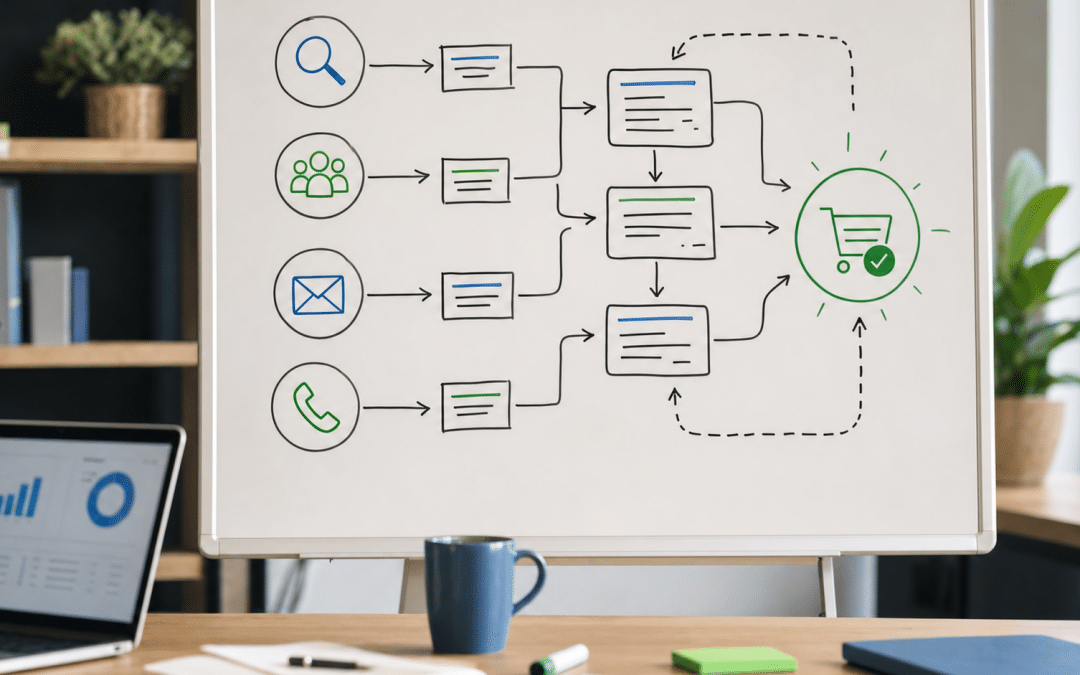 marketing attribution south africa whiteboard diagram showing customer touchpoints and conversion paths