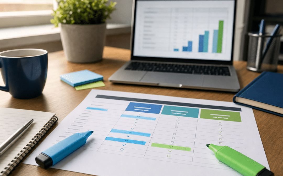 marketing automation pricing south africa — desk with printed platform pricing comparison chart and coloured highlighters