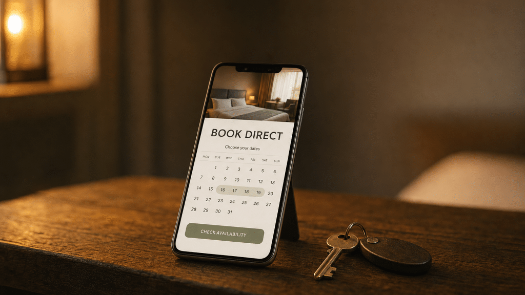 marketing for guesthouses — a smartphone showing a direct booking calendar beside a brass room key on a wooden desk