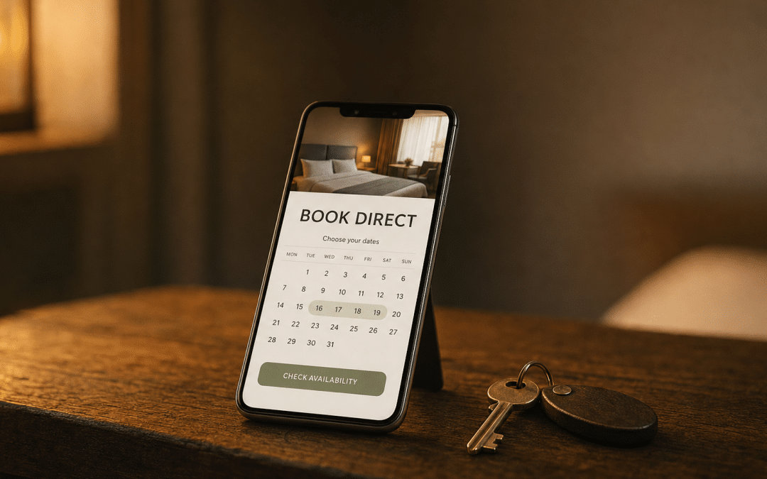 marketing for guesthouses — a smartphone showing a direct booking calendar beside a brass room key on a wooden desk