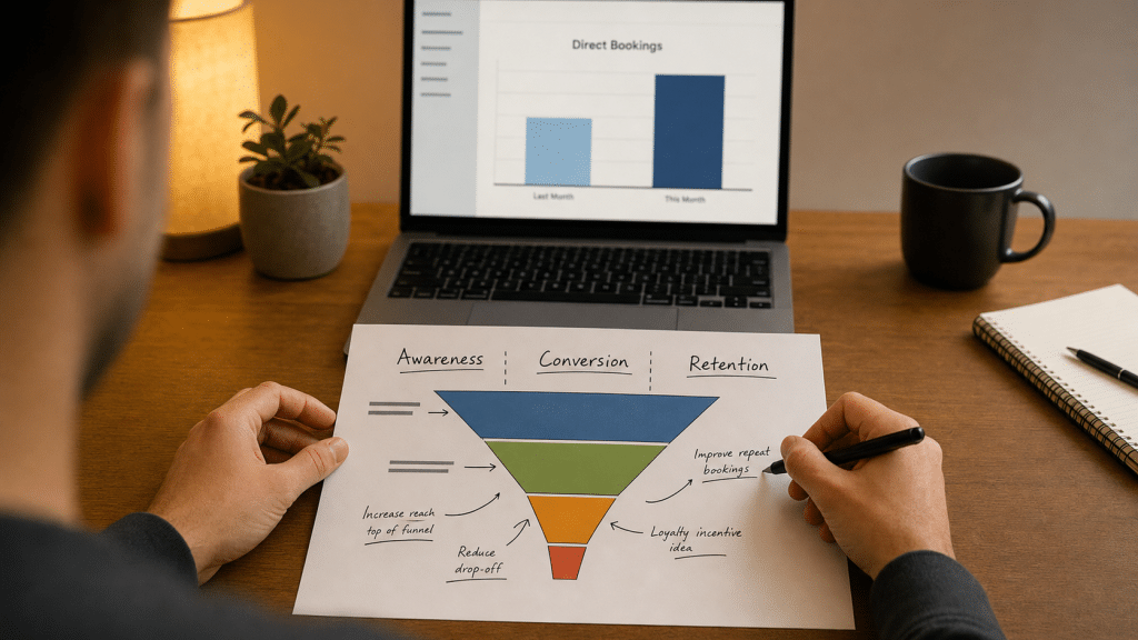 marketing for tourism cape town — over-the-shoulder view of hands annotating a tourism marketing funnel diagram at a warm-lit desk