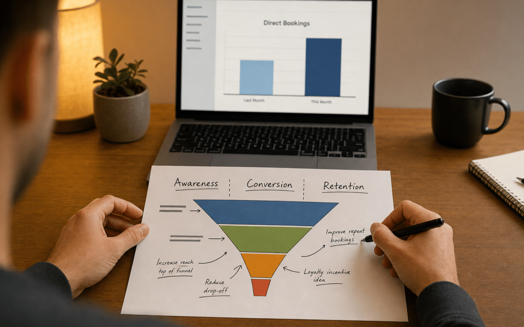 marketing for tourism cape town — over-the-shoulder view of hands annotating a tourism marketing funnel diagram at a warm-lit desk