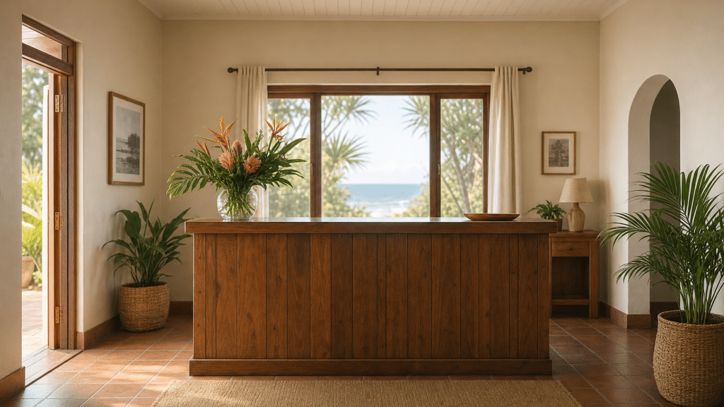 Marketing for tourism Durban — a small KZN guesthouse reception desk with ocean view in the background