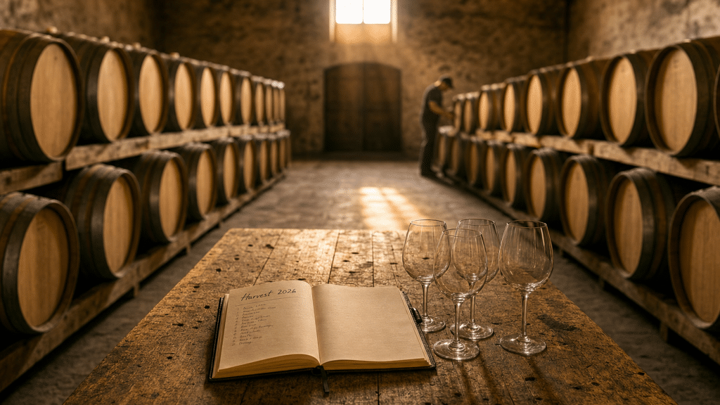 Marketing for wine farms — sunlit barrel cellar interior at a South African Winelands estate with oak barrels and empty tasting glasses