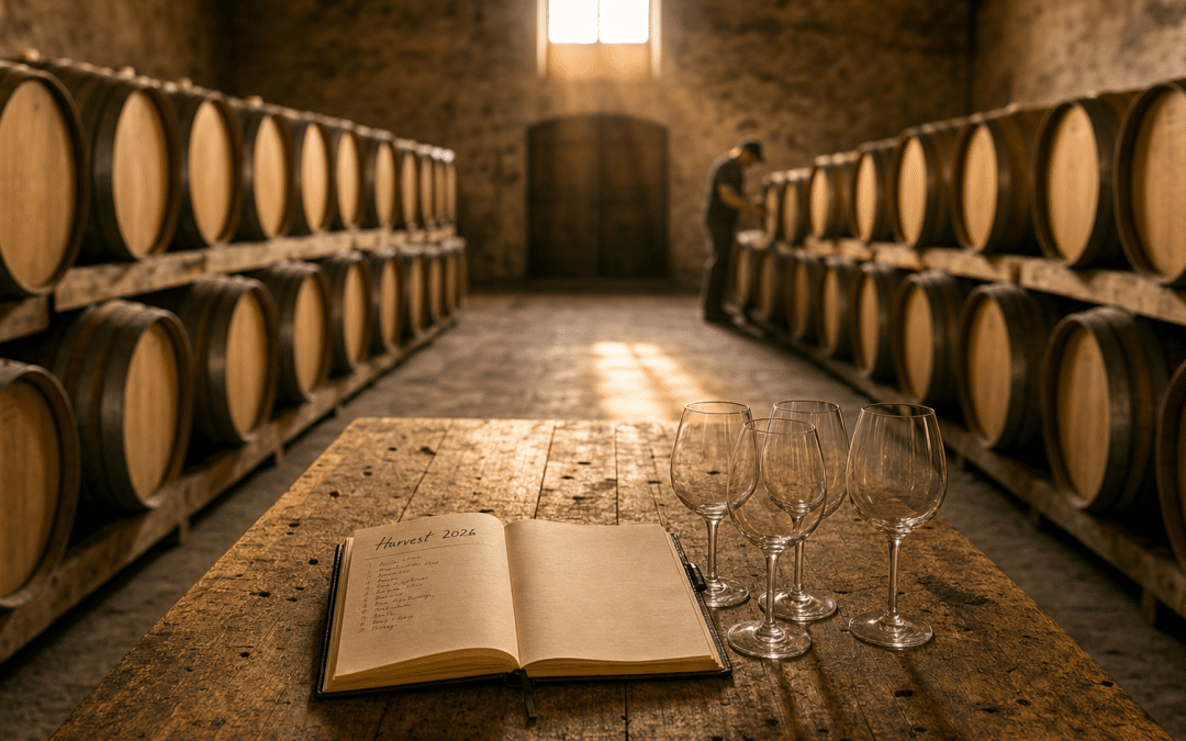 Marketing for wine farms — sunlit barrel cellar interior at a South African Winelands estate with oak barrels and empty tasting glasses