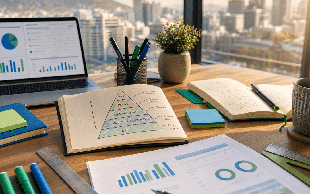 marketing goals vs kpis — notebooks and printed KPI dashboard on a South African marketing professional's desk