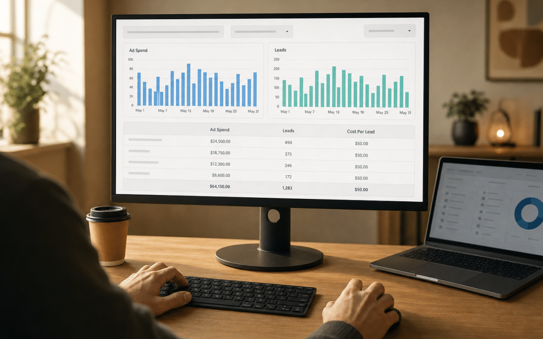 meta ads agency durban — hands at a desk reviewing a paid social campaign dashboard with cost-per-lead metrics