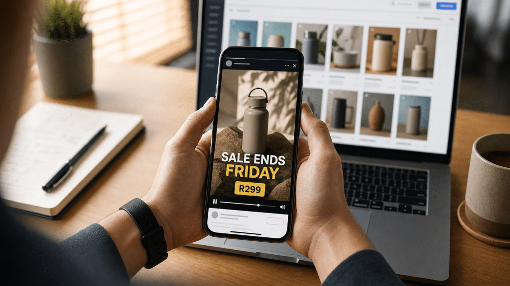 Meta ads creative best practices shown on a phone screen displaying a vertical video ad mockup with a sale caption and price tag
