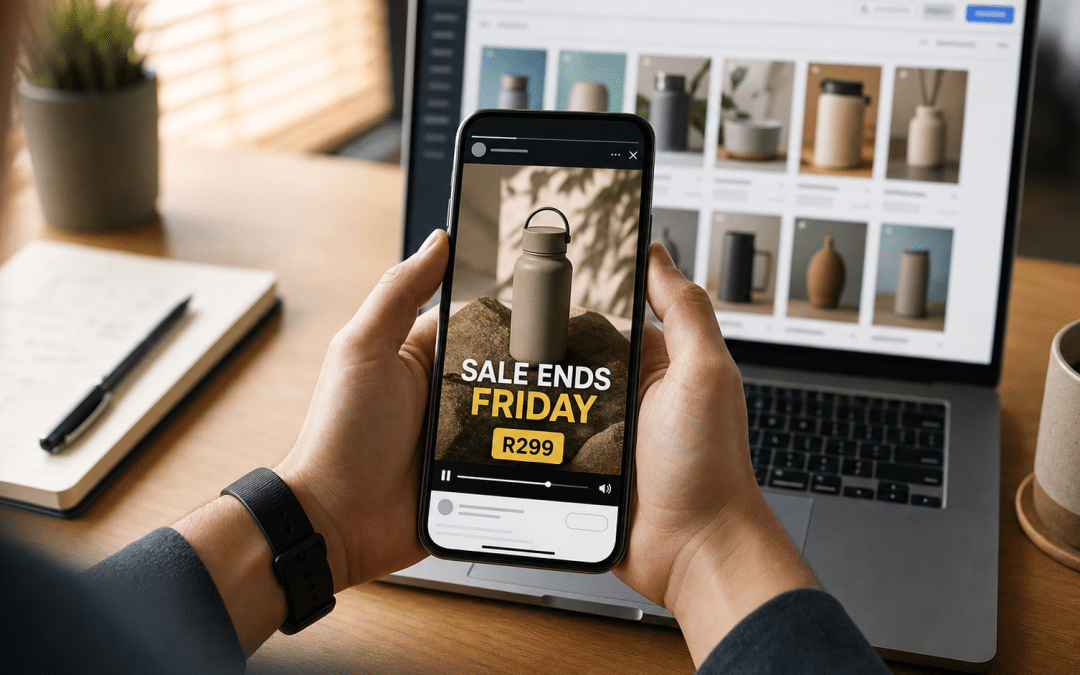 Meta ads creative best practices shown on a phone screen displaying a vertical video ad mockup with a sale caption and price tag