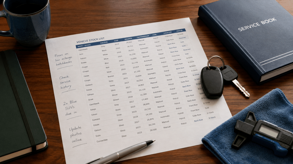 meta ads for car dealerships — stock list, keys and a service book laid out on a dealership desk