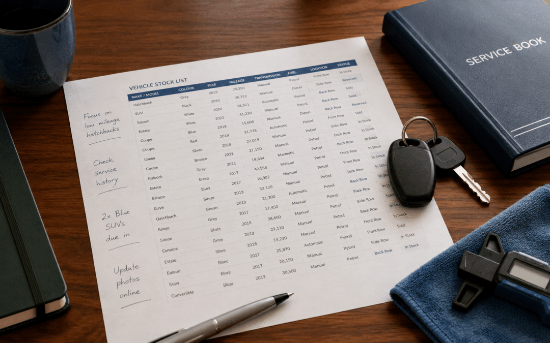 meta ads for car dealerships — stock list, keys and a service book laid out on a dealership desk