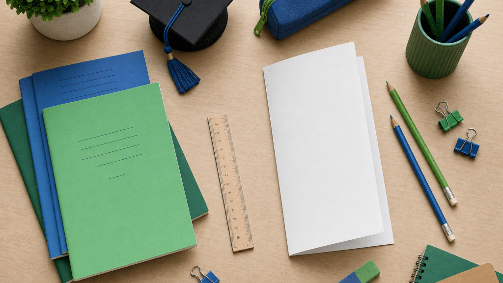 meta ads for education flat-lay with school books and stationery on wooden desk