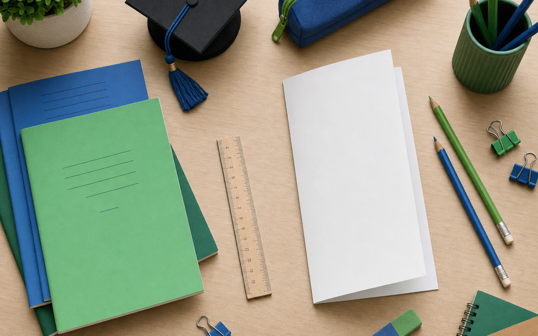 meta ads for education flat-lay with school books and stationery on wooden desk