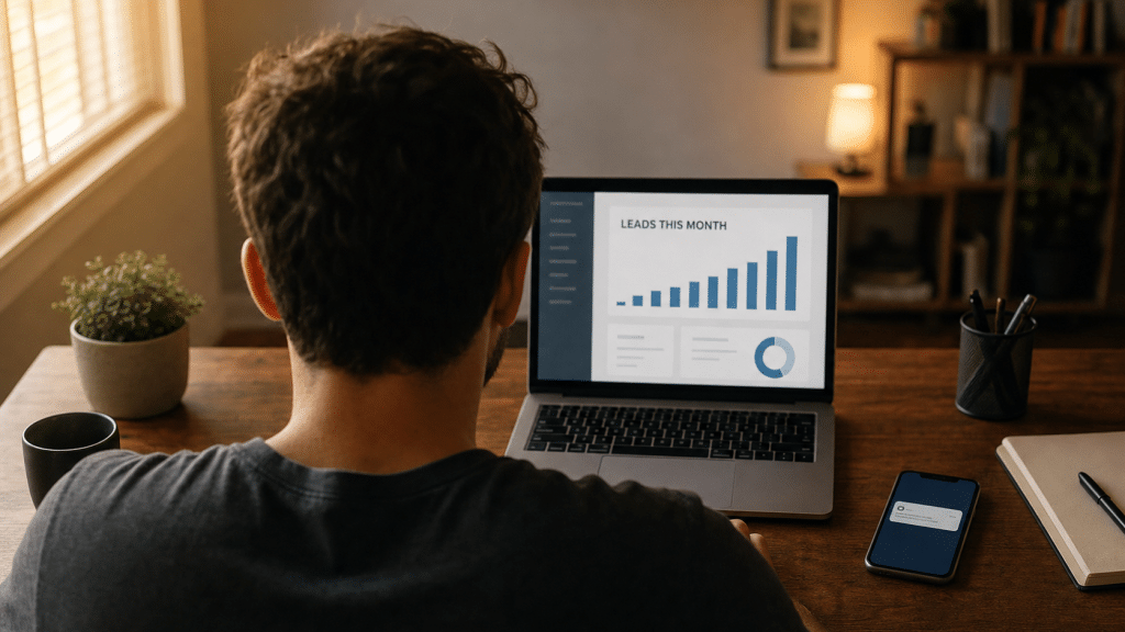 Meta ads for fitness campaign dashboard on a laptop screen showing a rising lead chart, viewed over the shoulder of a gym owner at a warm-lit desk