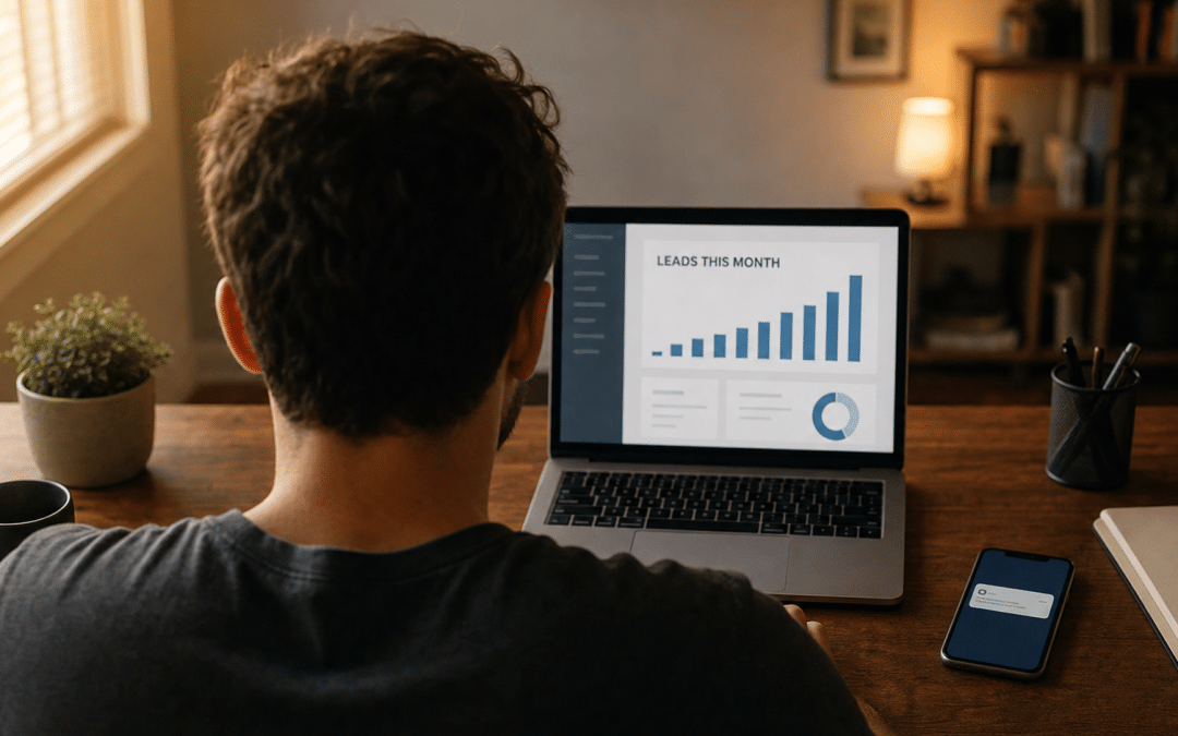 Meta ads for fitness campaign dashboard on a laptop screen showing a rising lead chart, viewed over the shoulder of a gym owner at a warm-lit desk