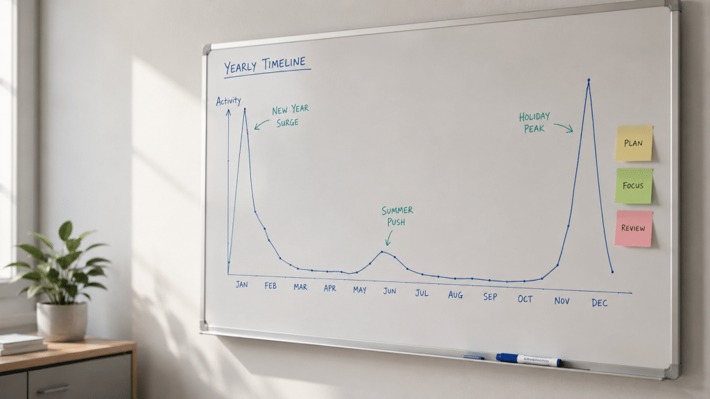 meta ads for gyms — whiteboard mapping a twelve-month membership campaign calendar