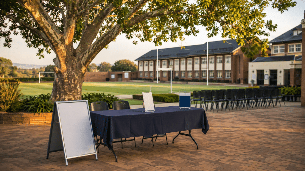 meta ads for schools — empty South African school courtyard set up for an open day
