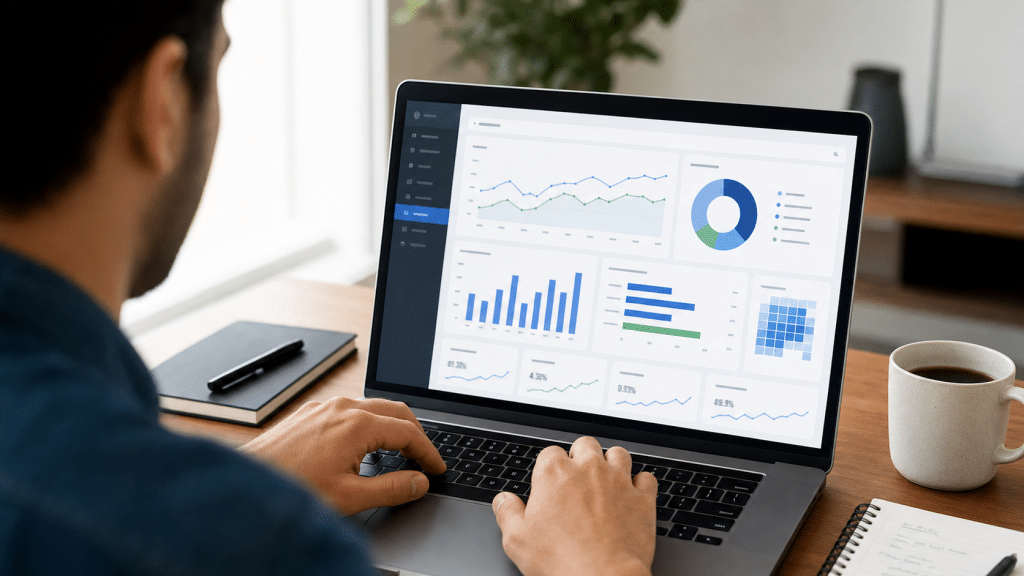 meta ads reporting dashboard showing campaign metrics on laptop screen
