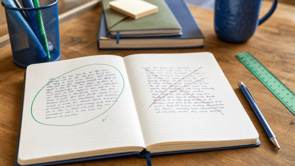 meta description best practices flat lay with notebook showing search snippet drafts circled in green and crossed out in red