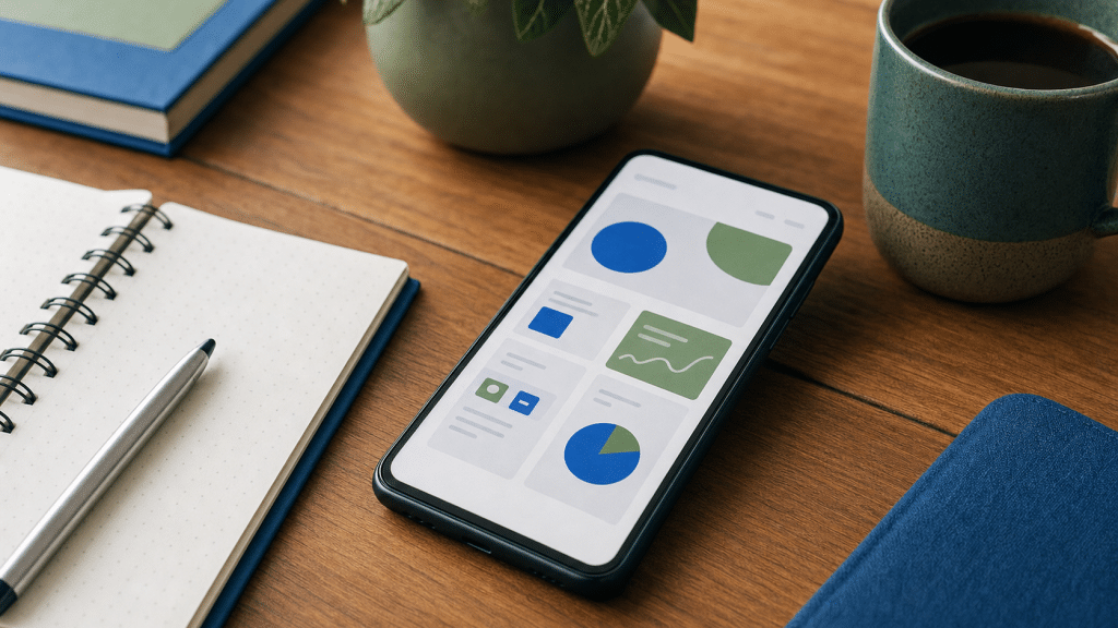 mobile first websites south africa — smartphone on desk displaying a mobile website layout grid