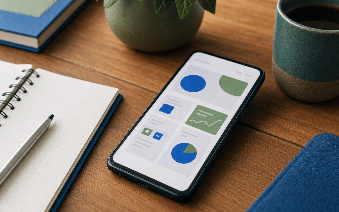 mobile first websites south africa — smartphone on desk displaying a mobile website layout grid