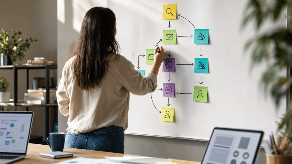 multi touch attribution whiteboard diagram showing customer journey mapped across multiple marketing channels