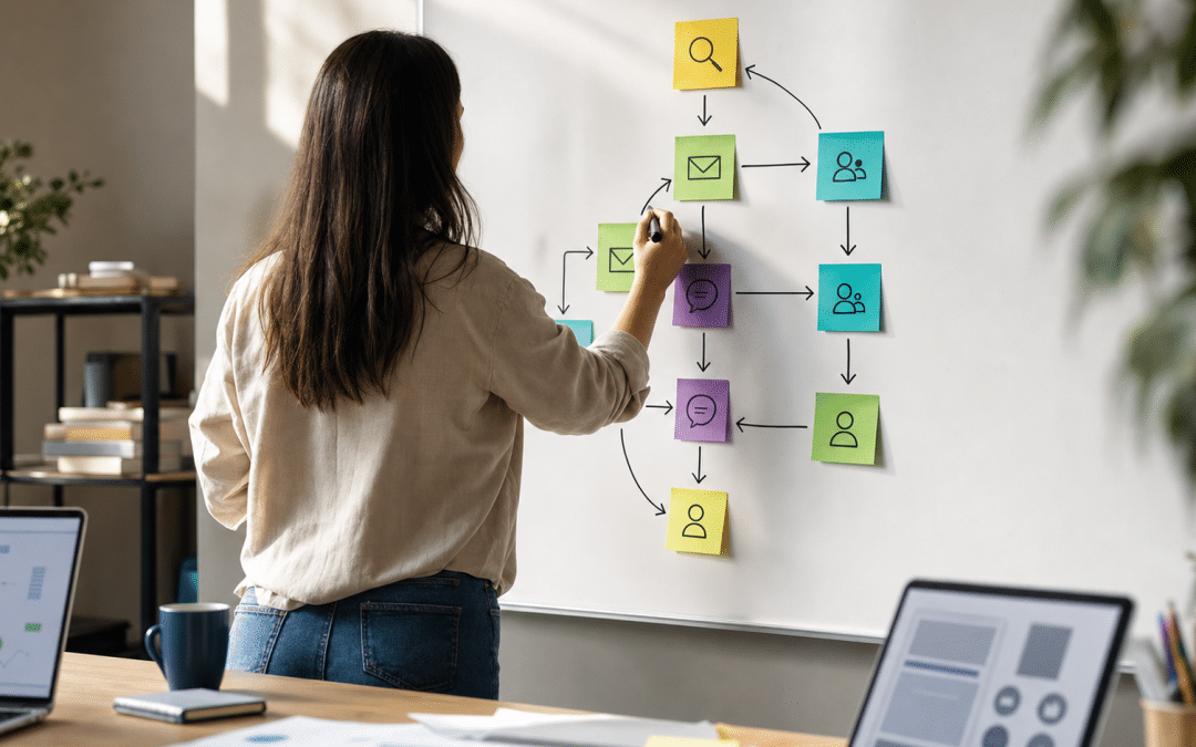multi touch attribution whiteboard diagram showing customer journey mapped across multiple marketing channels