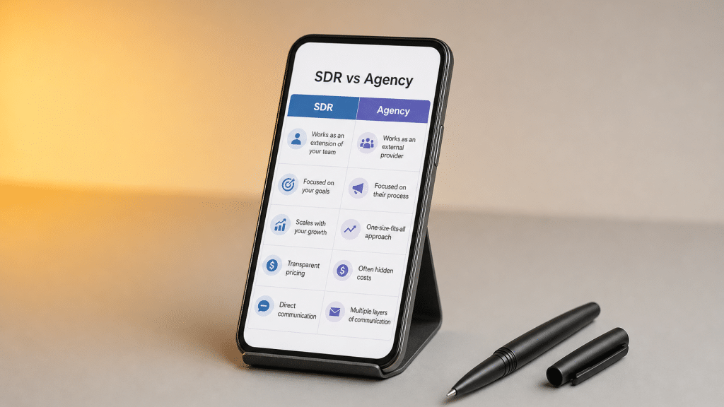 sdr vs lead gen agency comparison table displayed on a propped phone beside a ballpoint pen on a grey desk
