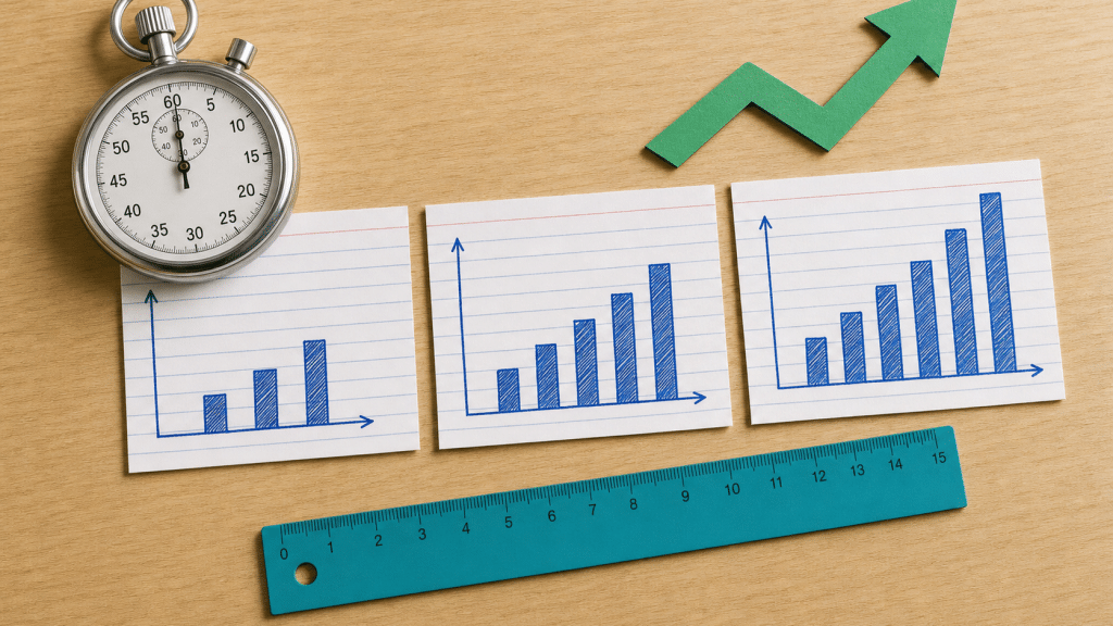 page speed and conversion rate data charts and stopwatch on a light wooden desk