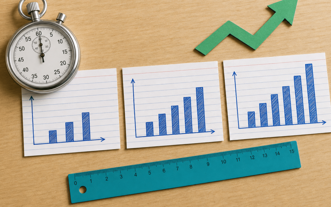 page speed and conversion rate data charts and stopwatch on a light wooden desk